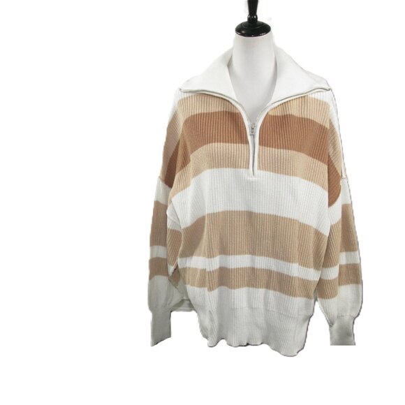 Aerie NWOT Tan Stripe Partial Zip 100% Cotton Turtleneck Sweater Size Medium - Picture 3 of 7